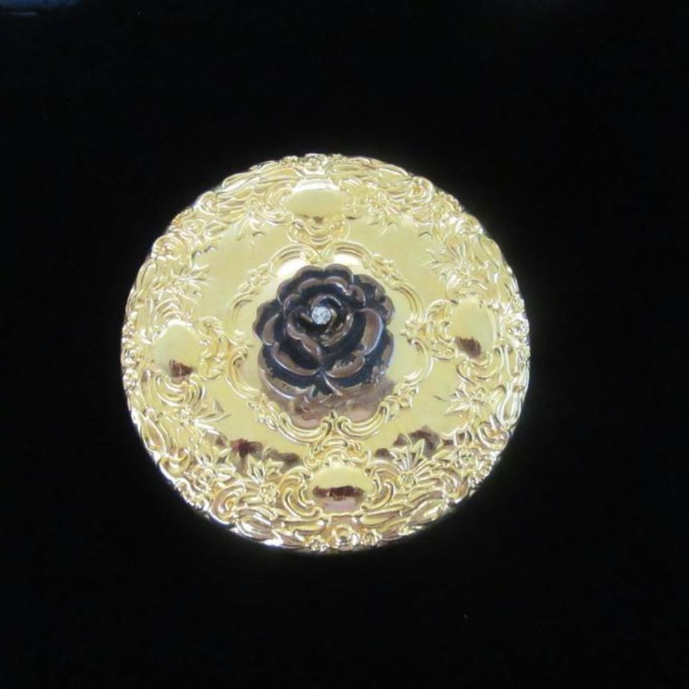 Gold tone repousse purse mirror with bronze flower & rhinestone-vintage elegance